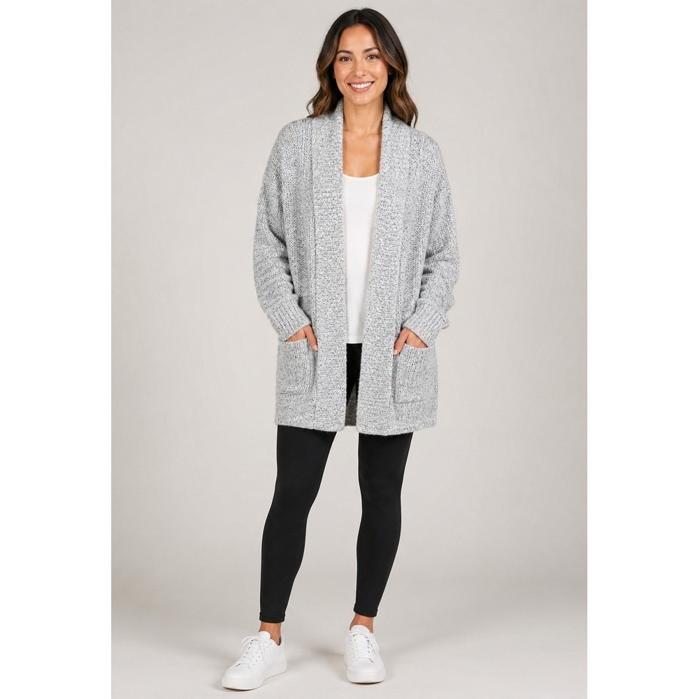 Calvin Klein Cozy Open Cardigan Sweater Womens Small Grey Wool Blend Pockets
